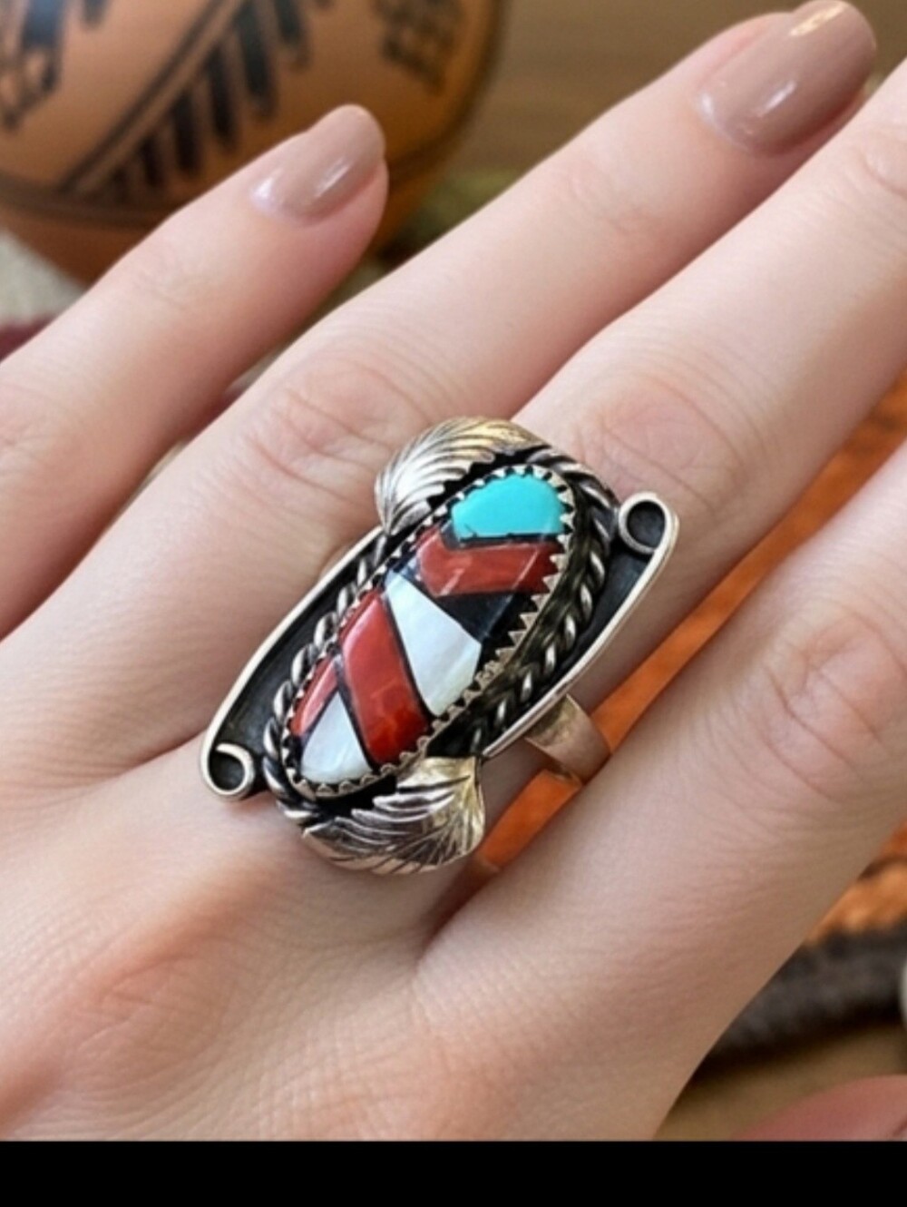 Native American Sterling Silver Inlay Multi-Color Southwest Style Ring Sz7